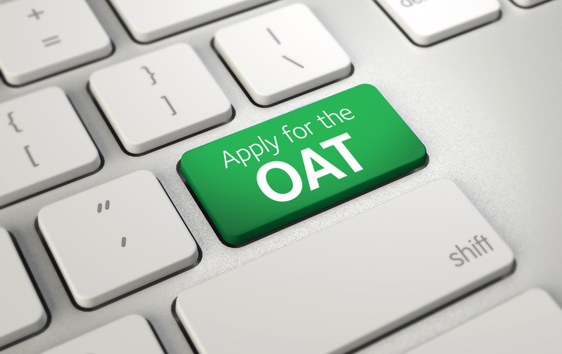 A computer keyboard with the return key labeled "Appy for the OAT". OAT is an acronym for The Optometry Admission Test.